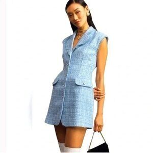 Anthropologie Maeve Blue Tweed Sleeveless Blazer Dress, 6
